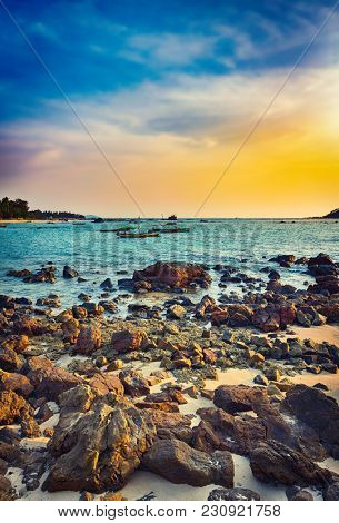  Seascape at sunset time. Beautiful landscape of the Indian ocean. Amazing view.  High resolution