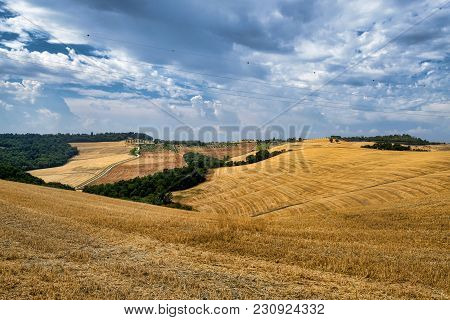 Country Landscape Along The Road From Asciano To Torre A Castello, Siena, Tuscany, Italy, At Summer