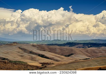 Country Landscape Along The Road From Asciano To Siena, Tuscany, Italy, At Summer