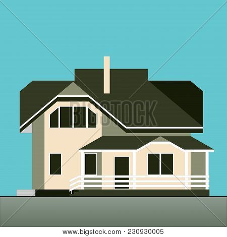 Facade Of A Detached House For Single Family On A Blue Background. Flat Design. Vector Illustration.