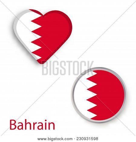 Heart And Circle Symbols With Flag Of Bahrain. Vector Illustration
