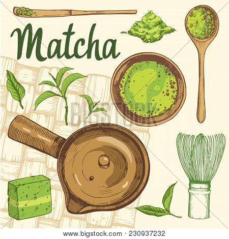 Japanese Ethnic And National Tea Ceremony. Matcha. Traditions Of Teatime. Decorative Elements For Yo