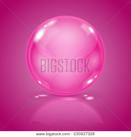Pink Glass Ball. 3d Shiny Shere On Pink Background. Vector Illustration