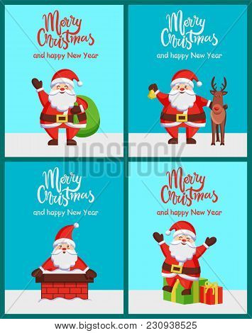Merry Christmas Happy New Year Santa Claus Posters On Light Blue Background. Vector Illustration Wit