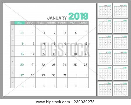 Set Identical Planners, 2019, January Separately, Flat, Template. Menology For Notes, Scheduling, Ma