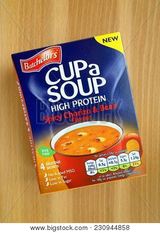 Bracknell, England - March 13, 2018: A Box Of Spicy Chorizo And Bean Flavor High Protein Cup Soup Sa