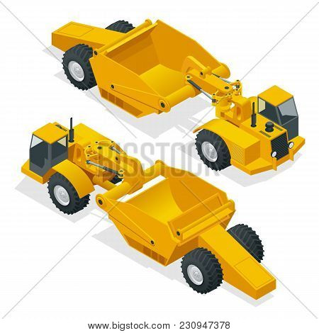 Isometric Wheel Tractor-scraper. Wheel Tractor-scraper, Heavy Equipment Used For Earthmoving. Scrape