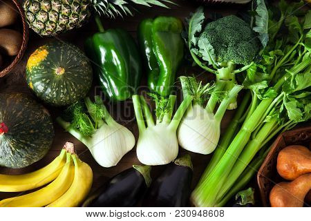 Assortment Of Fruits And Vegetables On A Wooden Table. Healthy Detox Diet. Sports Nutrition. Super F
