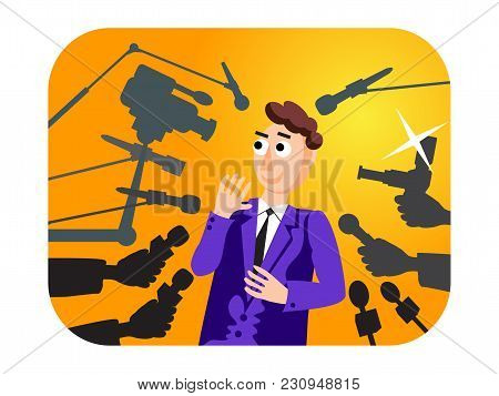 Interview. Vector Illustration. Speaker Man. Press Conference. Hands With Microphone. News. Live Rep