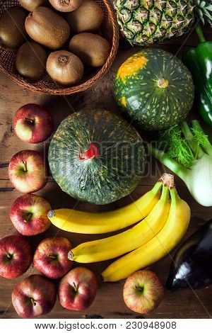Assortment Of Fruits And Vegetables On A Wooden Table. Healthy Detox Diet. Sports Nutrition. Super F