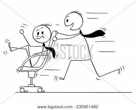 Cartoon Stick Man Drawing Conceptual Illustration Of Businessman Riding On Office Chair, Second Man 