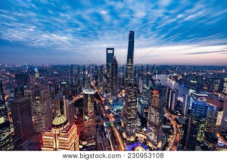 Aerial View Of Shanghai City Center At Sunset Time. China.