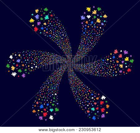 Psychedelic Component Swirl Twist On A Dark Background. Hypnotic Flower With Six Petals Created From