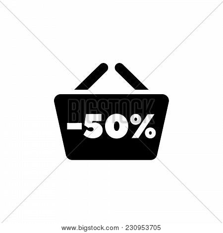 Shopping Basket With Sale Anouncement. Flat Vector Icon. Simple Black Symbol On White Background