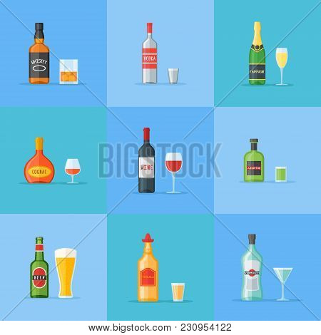 Set Of Bottles And Glasses With Alcohol Drinks. Whiskey, Vodka, Cognac, Wine, Beer, Absinthe, Tequil
