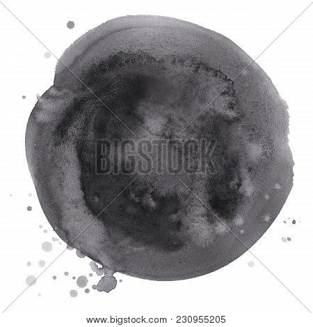 Hand-drawn Watercolor Black Round Spot. Ink Cirkle Stain. Use For Wrap, Wallpaper, Website, Decor. I