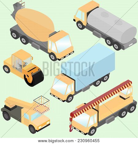 Set Of Isometric Road Construction Machinery. Trucks, Road Roller, Wheel Loader, Tank, Lift Machine.