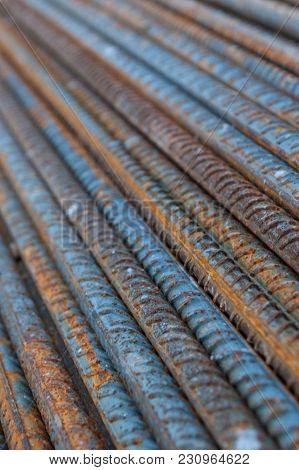 Closeup Of A Pile Of Rusty Construction Steel Rods