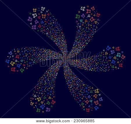 Colorful Buzzer Curl Flower With Six Petals On A Dark Background. Psychedelic Cluster Combined From 
