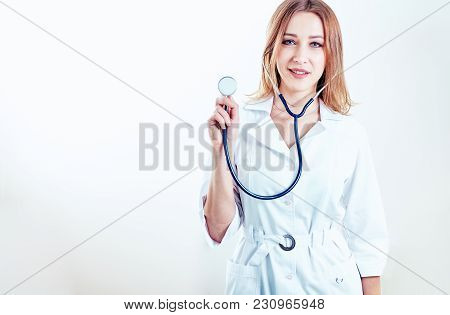 Emale Doctor On Duty Welcoming Patient At The Hospital, Friendly Professional, Healthcare