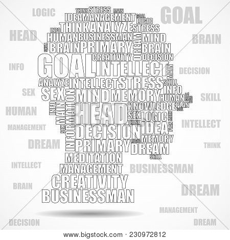 Abstract Silhouette Human Head Of Words. Vector