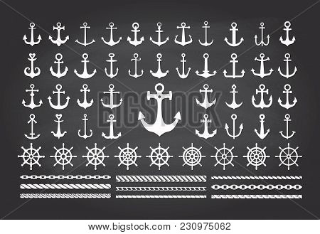 Icon Set Of Sea Theme On A Blackbord Background- Anchors, Ropes And Sea Wheels. Vector Illustration