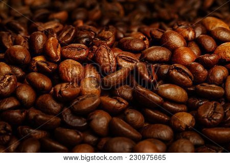 Coffee Beans Close-up. Beautiful Saturated Colore, Spresso