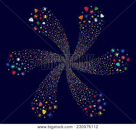 Attractive Insects Swirl Burst On A Dark Background. Impressive Spiral Combined From Scattered Insec