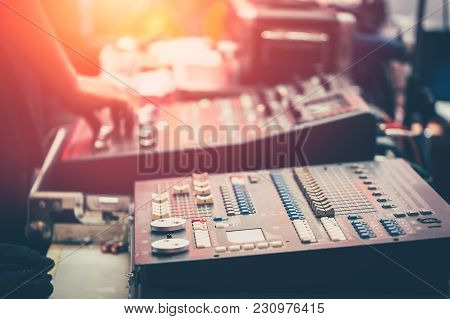 Professional Stage Sound Mixer Closeup At Sound Engineer Hand Using Audio Mix Slider Working During 