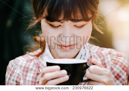 Cute Asian Women Holding Coffee Cup Smile Enjoy To Drinking Hot Drink Vintage Colortone