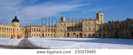 Gatchina, Russia - March 12, 2018: Gatchina Palace. Panoramic View Of The Palace Square And The Main