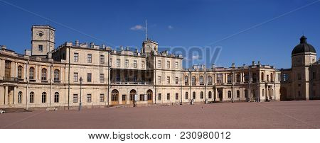 Gatchina, Russia - May 7, 2017: Gatchina Palace. Panoramic View Of The Palace Square And The Main En