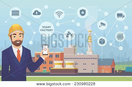 Smart Factory. Businessman With Phone In His Hand Starts And Manage Huge Plant With Application.