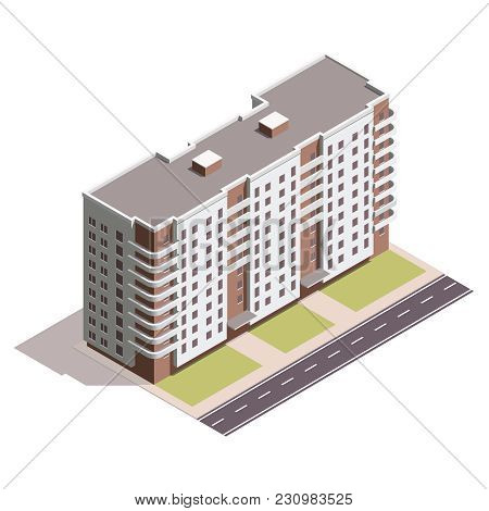 Vector Isometric Icon Or Infographic Elements Representing Low Poly Town Apartment Building With Str