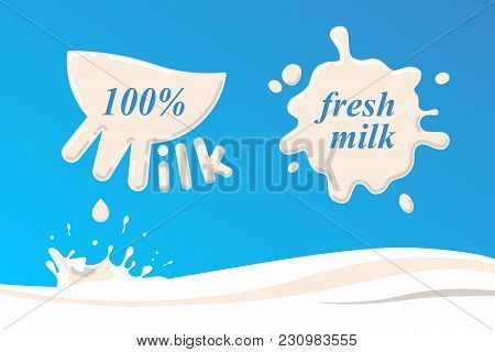 Milk Labels Vector Set. Udder, Blot And Splash On Blue  Background.