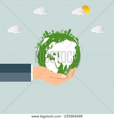 The World In Your Hands Ecology Concept.green Cities Help The World With Eco-friendly Concept Idea.w