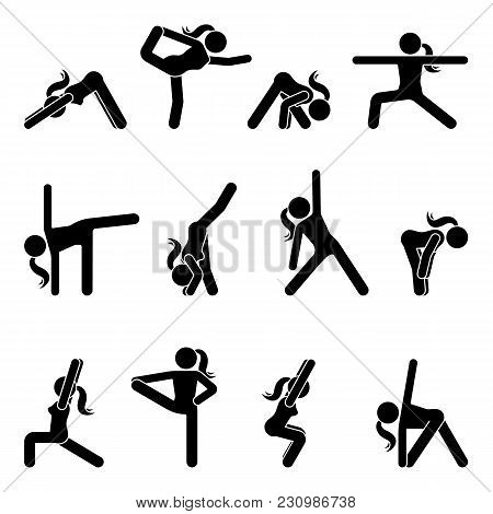 Stick Figure Girl Basic Yoga Position Set. Vector Illustration Of Sportswoman Pictogram On White