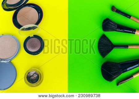 Set Of Professional Decorative Cosmetics, Makeup Tools And Accessory On Colorful Background. Beauty 