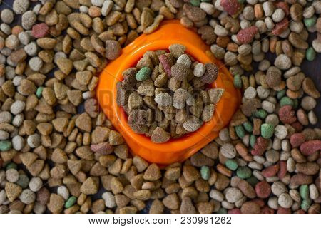 Orange Plastic Bowl Filled With Dry Pet Food Surrounded By Dry Food For Cat And Dogs