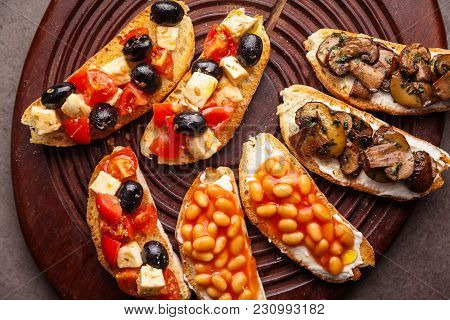 Brushetta Set For Wine. Variety Of Small Sandwiches With Caprese