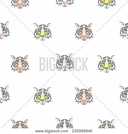 Seamless Pattern With Tiger Heads Scandinavian Background. Vector Repeat Background For Fabric Print