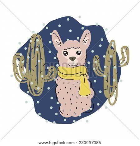 Cute Lama And Cactuses Isolated Cartoon Vector Illustration. Funny Animal In A Scarf For Shirt And A