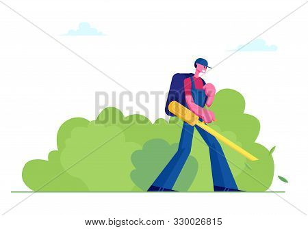 Man Janitor In Uniform With Big Backpack Blowing Autumn Leaves Away With Leaf Blower, Male Character
