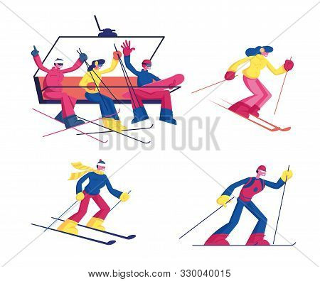 Set Of Skiing Winter Sport Activity Isolated On White Background. Ski Sportsmen And Sportswomen With