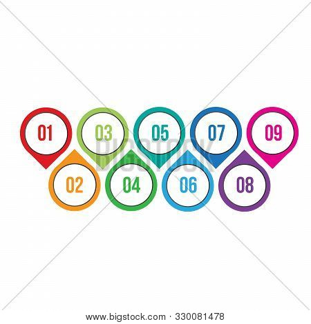 Horizontal Colorful Infographic With Location Marker Or Map Pins. 9 Options. Stock Vector Illustrati