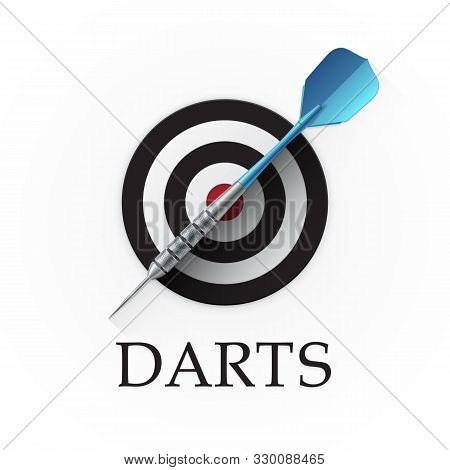 Darts Game Emblem. Vector Illustration Showing A Detailed Blue Dart On A Background Of A Simple Targ