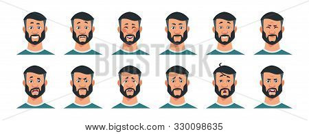 Man Expressions. Cartoon Character With Happy Surprised Angry Sad Tired And Other Emotions. Facial E