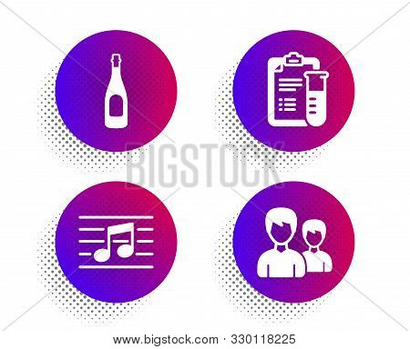 Musical Note, Medical Analyzes And Champagne Icons Simple Set. Halftone Dots Button. Couple Sign. Mu