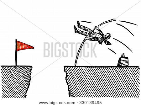 Freehand Pen Drawing Of Business Man Using A Vaulting Pole To Jump To His Goal Beyond A Ravine. Draw