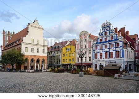 Szczecin, Poland - October 26, 2019: Old Town Hall And Colorful Historic Facades At The Hay Market I